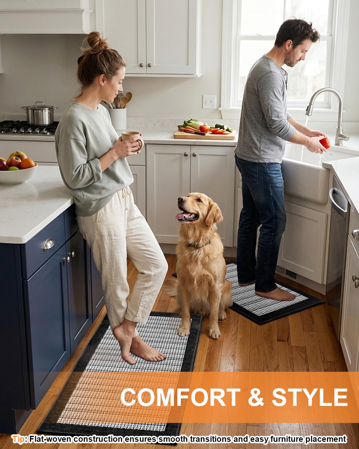 eqivei Kitchen Rugs, Non Slip Washable Kitchen Mat Set of 2, 47"x20"+31"x20", Absorbent Runner Rugs with Rubber Backing for Front of Sink, Kitchen Floor, Laundry Room (Black)