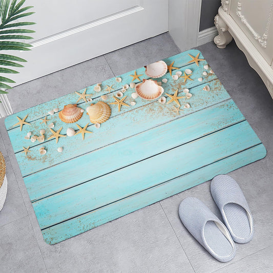 LYFANS Memory Foam Bath Mat, Non Slip Absorbent Flannel Bathroom Rug, 18" x 30", Soft Washable Shower Floor Mat with Coastal Seashell, Decorative Bath Rugs for Bathroom, Kitchen, Entryway, Bedroom