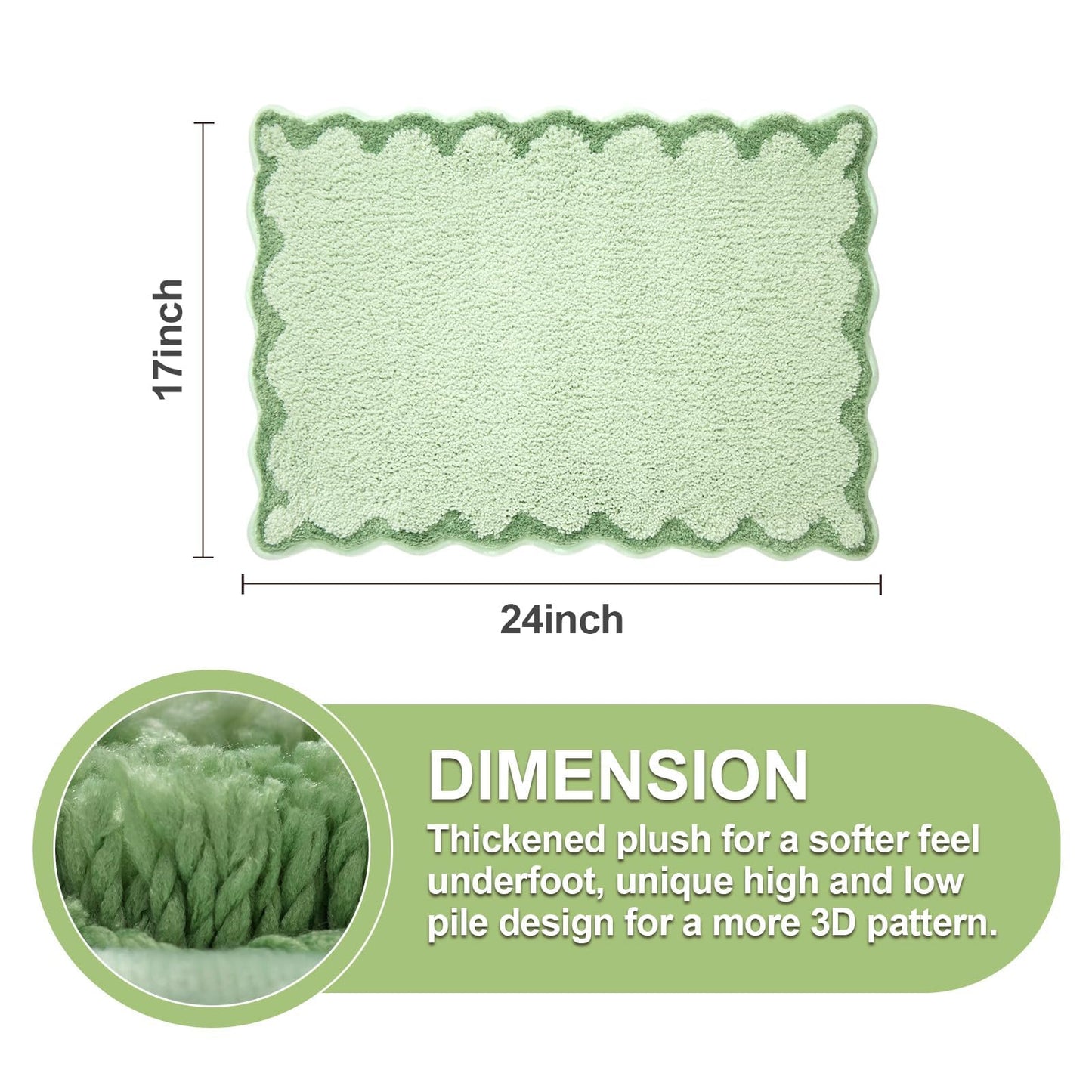 ORTIGIA Small Green Scalloped Bath Mat, Cute Plush Microfiber Scallop Bathroom Rugs Non Slip Washable Quick Dry Absorbent, Bathmat Carpet for Shower Stall Vanities Kitchen Floor Entrance, 17x24