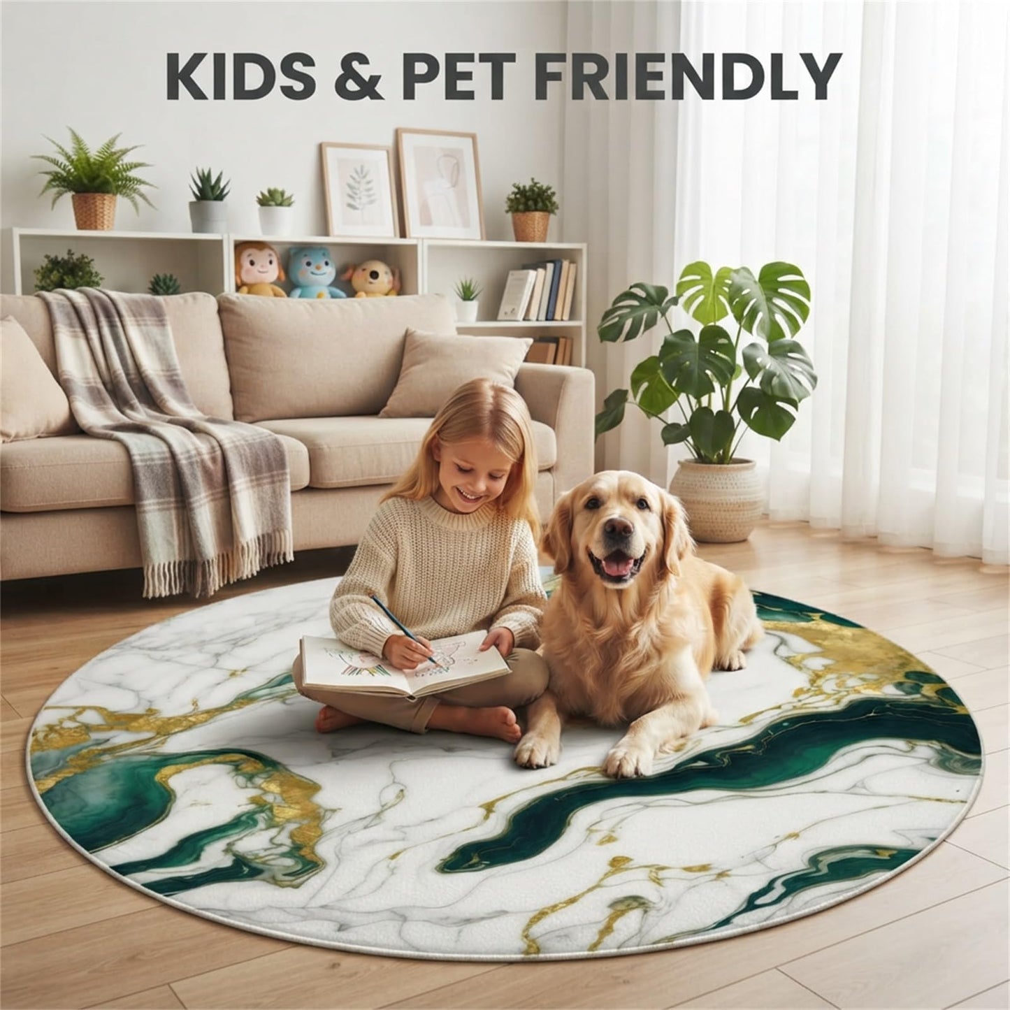 Round Area Rug 5ft Modern Abstract Marble Texture Indoor Rugs for Livingroom Bedroom Lux Black Cream Gold Circle Rug Machine Washable Non Skid Thin Soft Large Carpet Nursery Dorm Kitchen Floor Mats