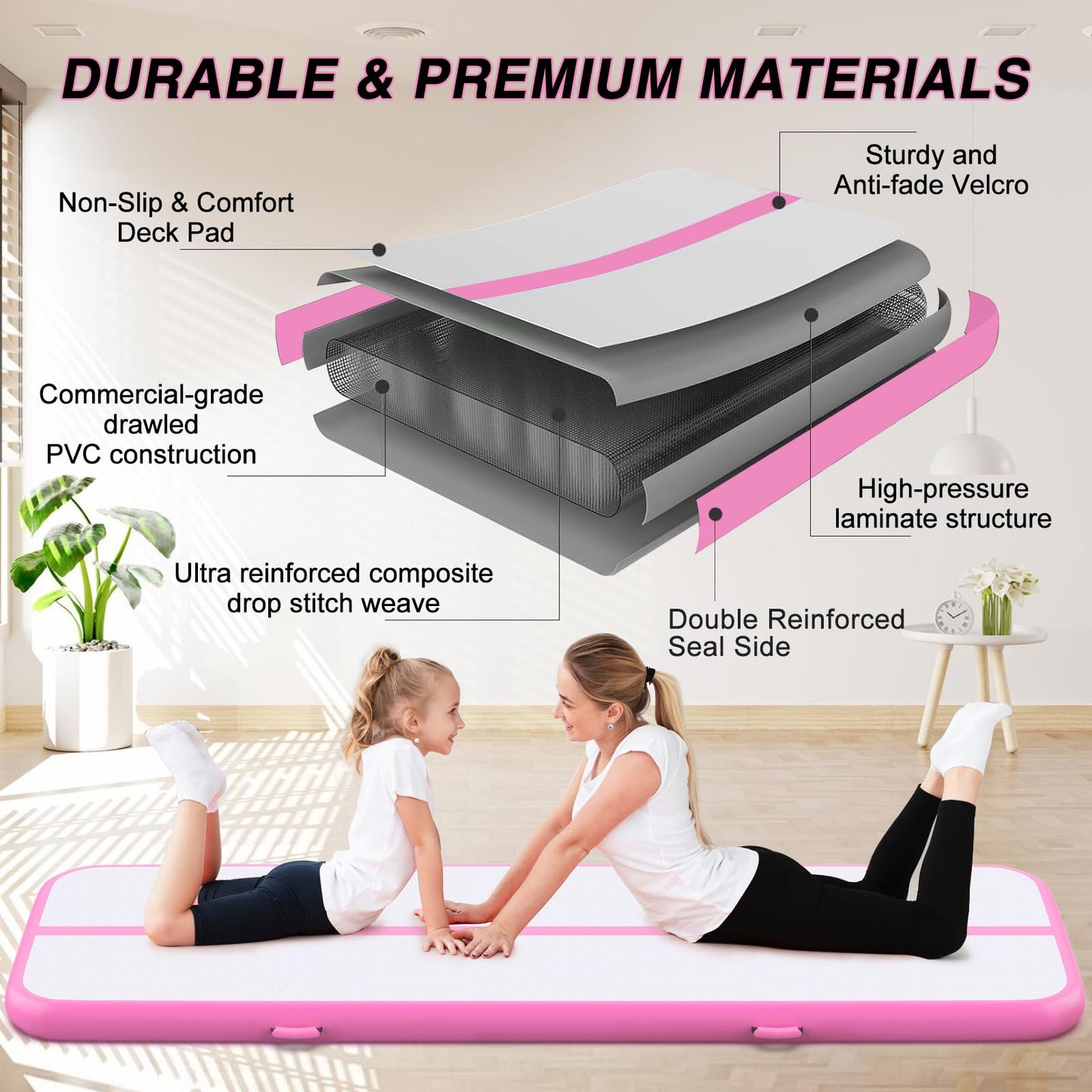 Air Gymnastics Tumbling Mat, 6.6ft/10ft/13ft/16ft/20ft Inflatable Track Mat for Home/Outdoor Training, 4 inch Thick Gym Mat with Electric Pump for Kids & Adults - Pink