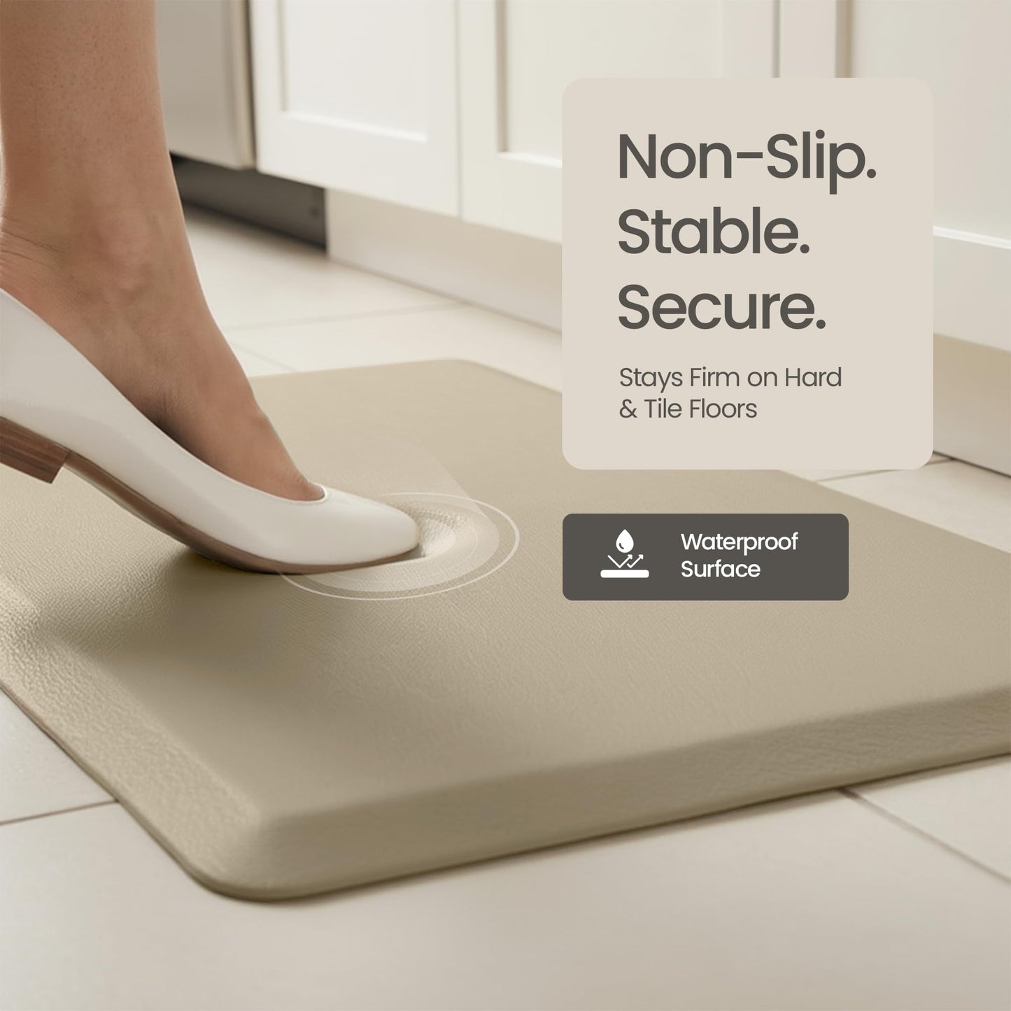 Anti Fatigue Kitchen Mats for Floor | Padded Kitchen Rugs | Non Slip, Cushioned Standing Desk Mat | Waterproof Floor Mat for Home and Office | 17.3" x 28" X 0.47", Beige, 1-Pack | More Décor