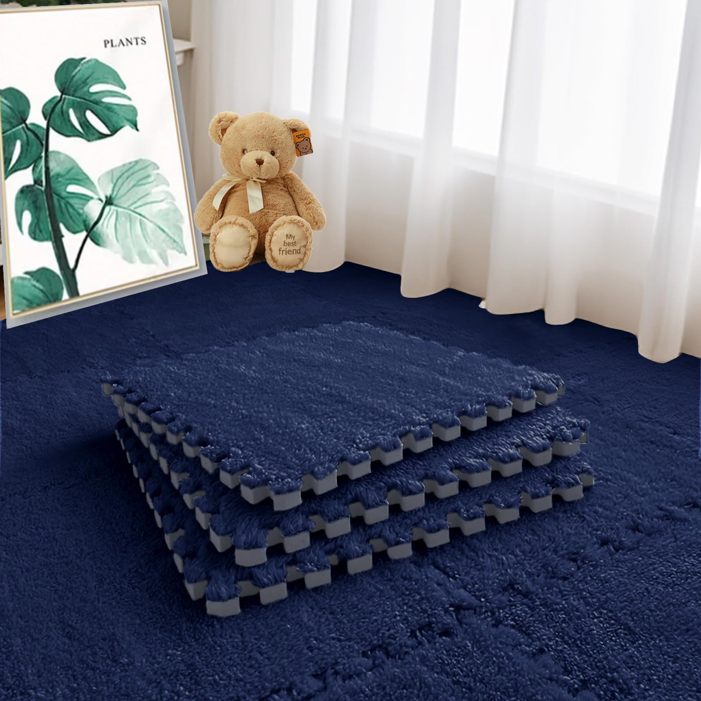 Jaderlu 16pcs 0.6" Thickened Interlocking Tile Mats,Fluffy Shaggy Soft EVA Foam Area Rug for Living Room&Bedroom,Non-Slip Protective Floor Carpet Play Mat Kids Baby Dorm Home Decor 11.8ft (Navy Blue)