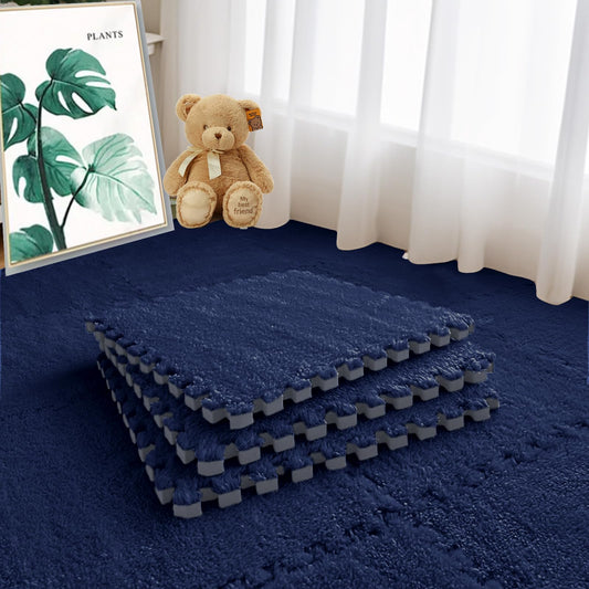 Jaderlu 16pcs 0.6" Thickened Interlocking Tile Mats,Fluffy Shaggy Soft EVA Foam Area Rug for Living Room&Bedroom,Non-Slip Protective Floor Carpet Play Mat Kids Baby Dorm Home Decor 11.8ft (Navy Blue)
