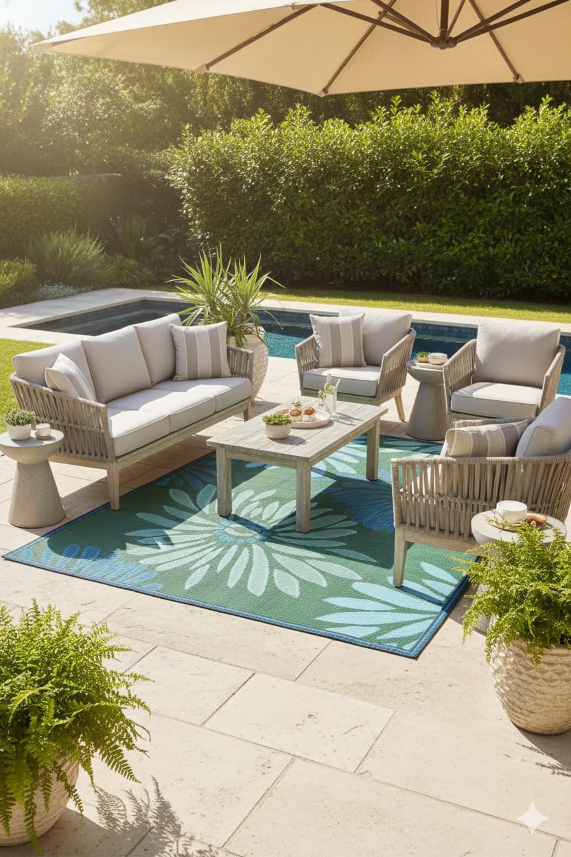 Mad Mats Outdoor Rug, Reversible Plastic Mat for Patio, Porch, Deck, Kitchen & Bath, Daisy, 6' x 9', Aqua/Green