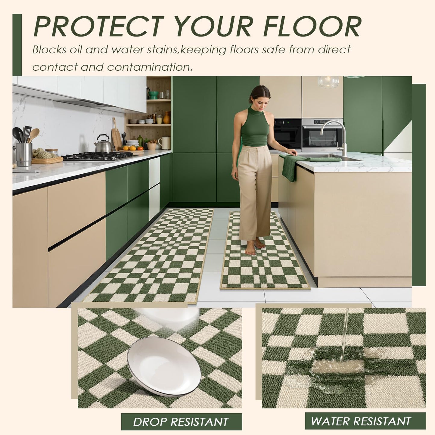 hicorfe Checkered Grid Checkerboard Kitchen Rugs,Set of 2 Non Slip Kitchen Mats for Floor,Washable Kitchen Runner Rugs Carpets for Hallways Entryway Laundry Room(20"x48"+21"x59",Green)