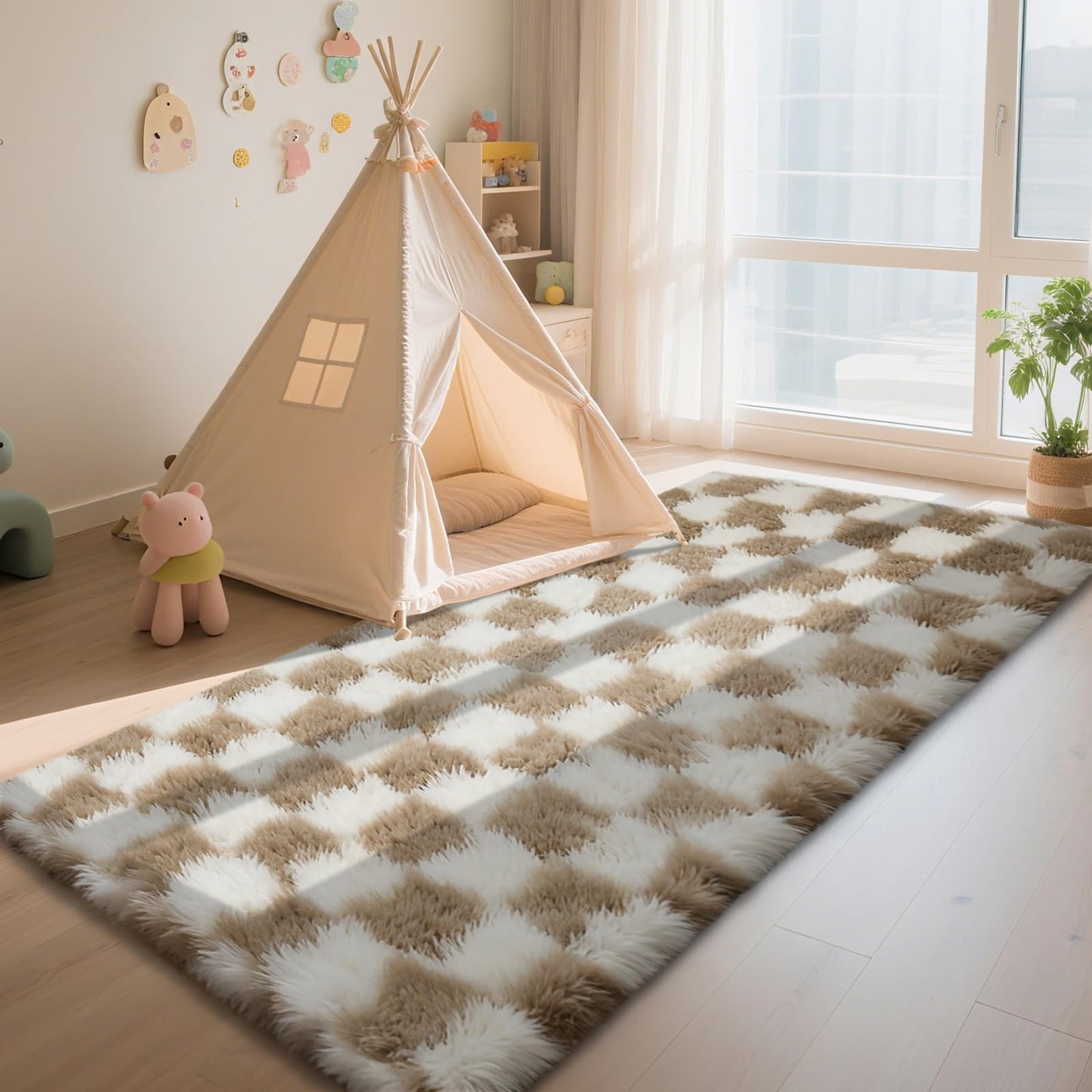 Checkered Rug for Bedroom, 2x4 Beige and White Area Rugs, Classic Checkered Carpets Shag Area Rug, Bedside Rugs for Living Room Bedroom Room Home Decor