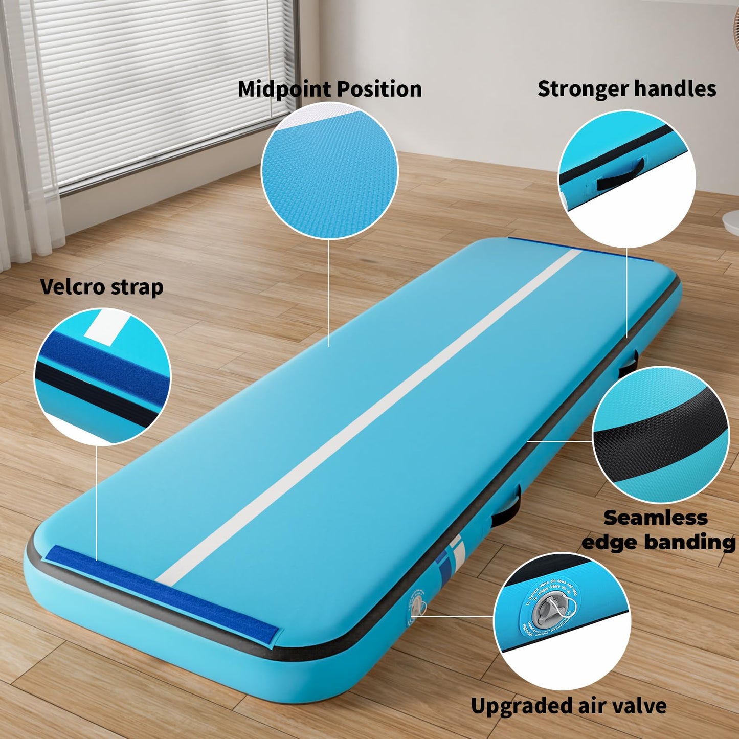 Inflatable Gymnastics Mat Tumble Track (8 Inches Thick) - 10ft Air Floor Training Mats for Home Use, Cheerleading, Water Fun & Camping - Includes 500W Electric Pump & Carbon Pattern Design, Blue