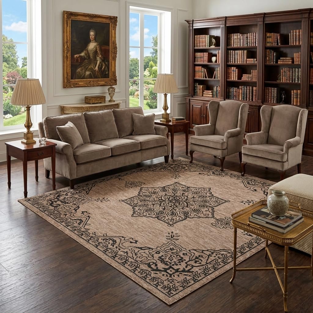 Unique Loom Outdoor Traditional Collection Area Rug - Antique (7' 10" Square Beige/Black)