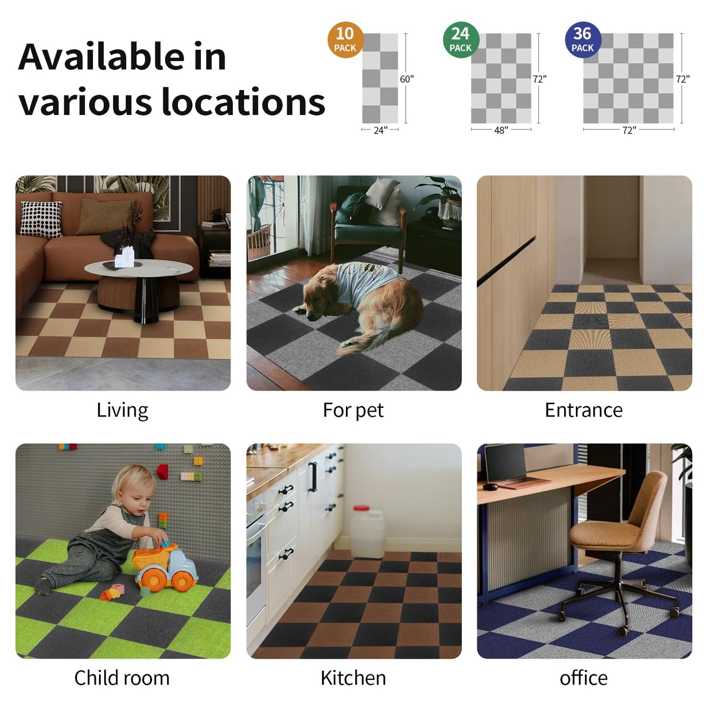 Carpet Tiles Peel and Stick 12”x 12” Non-Slip Self Adhesive Squares Carpet Floor Tile 24Pcs DIY Reusable Waterproof Carpet for Living Room Bedroom