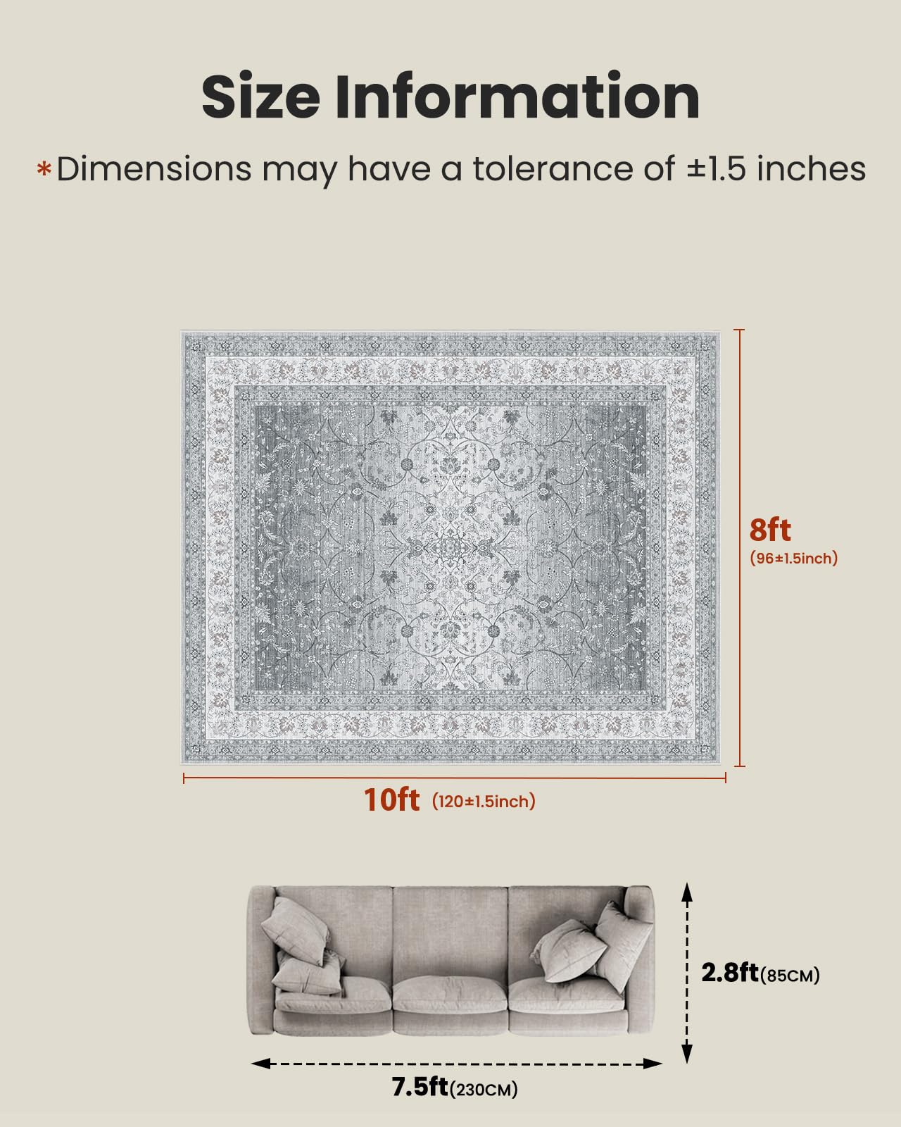 AMADA HOMEFURNISHING 8x10 Area Rugs, Washable Living Room Rug with Non-Slip Backing, Low Pile and Durable Edge Binding, Soft Vintage Floral Rugs for Living Room, Bedroom, Dining Room
