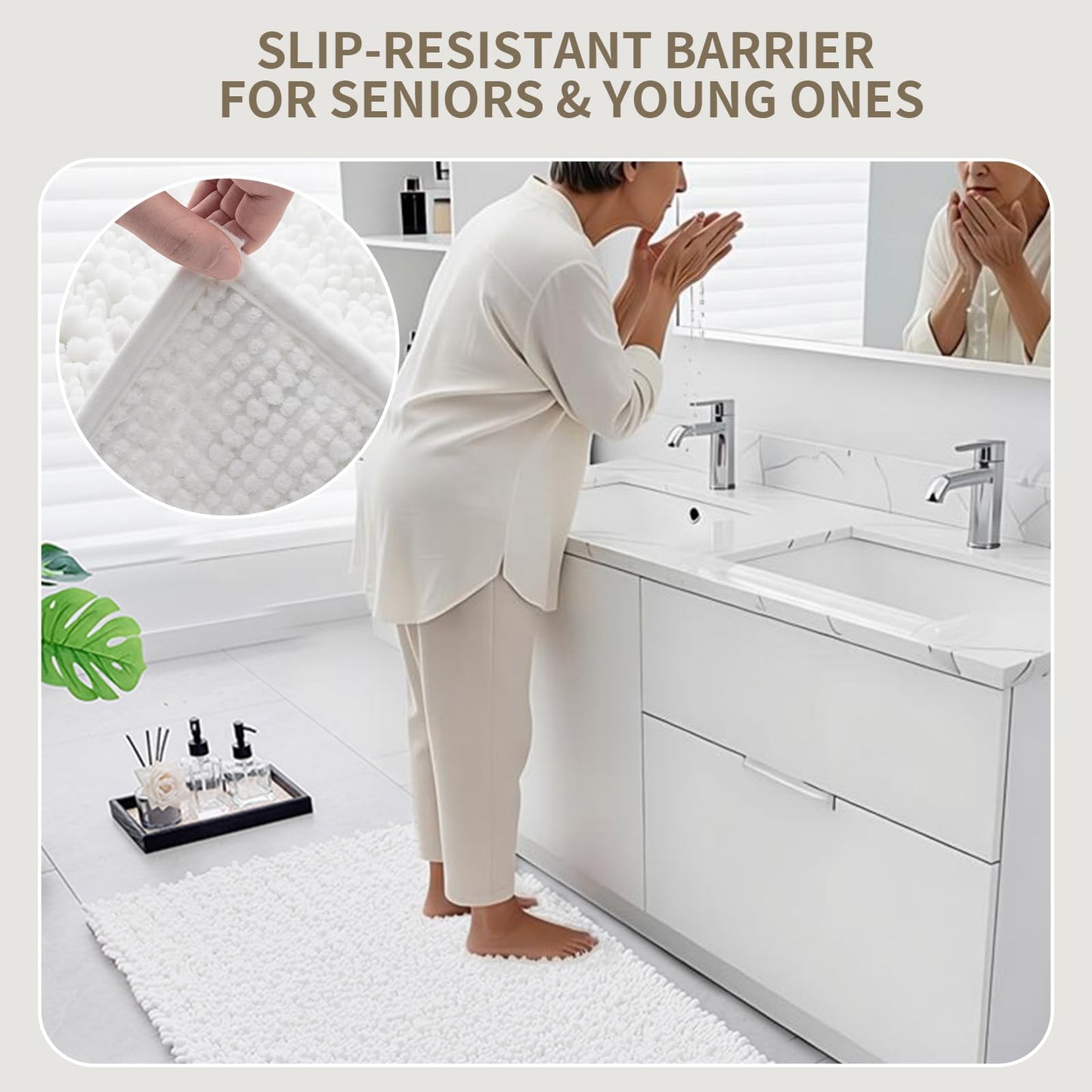Ruggnovea Bathroom Rugs Non Slip Washable, Extra Thick Soft Chenille Absorbent Bath Mat, High Density Barrier Non Slip Backing, Quick Dry Plush Shaggy Floor Carpet for Tub&Shower 24x17, White
