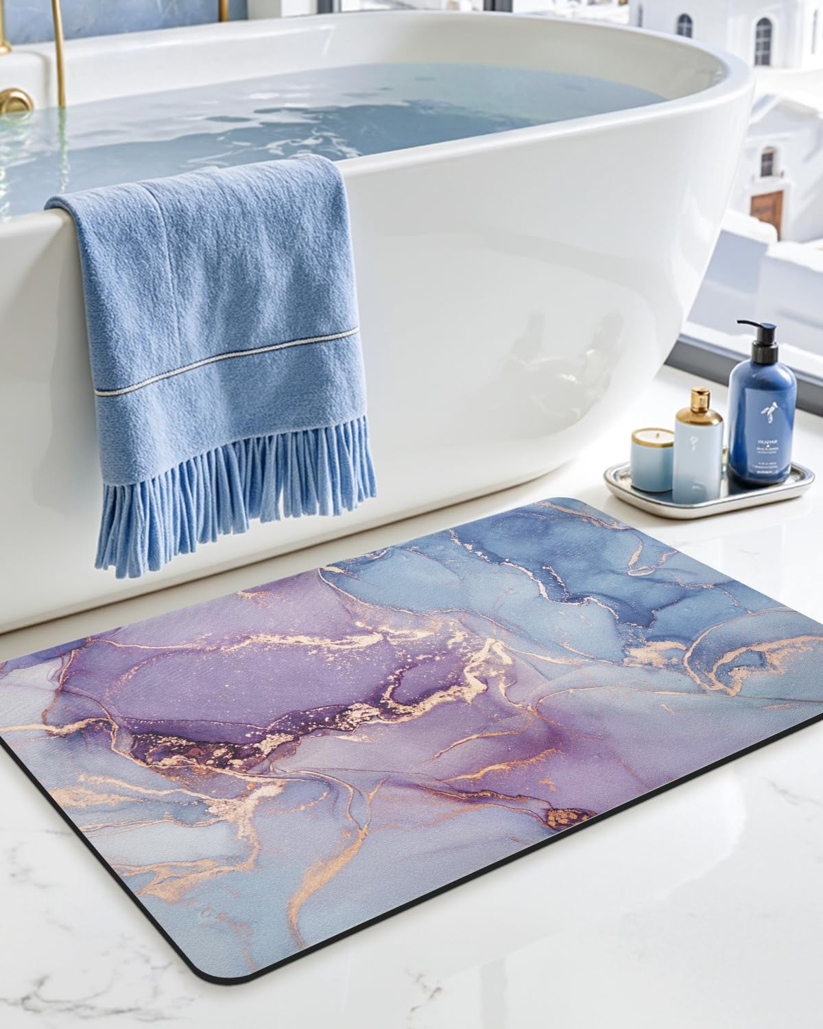 DEXI Bathroom Mat Ultra Thin, Non Slip Bath Rug for Shower Floor, Absorbent Quick Dry Marble Bathmats Low Profile, 24x16, Blue and Purple