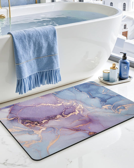 DEXI Bathroom Mat Ultra Thin, Non Slip Bath Rug for Shower Floor, Absorbent Quick Dry Marble Bathmats Low Profile, 24x16, Blue and Purple