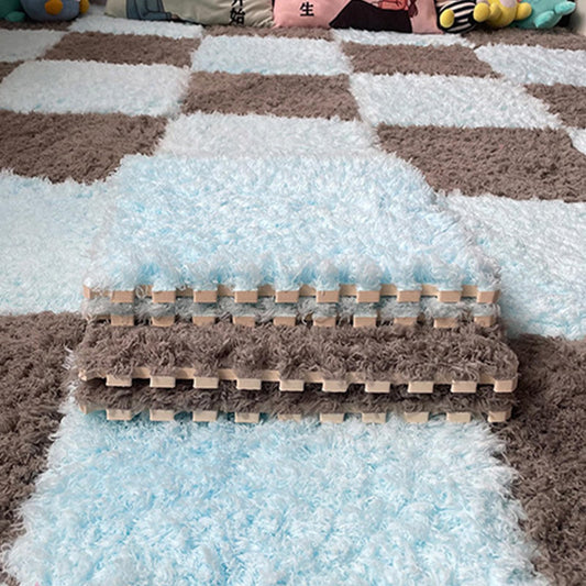 12 Pcs Soft Plush Interlocking Foam Floor Mats, Thick Puzzle Play Mat Tiles, Non Slip Carpet Tiles for Bedroom,Nursery,Living Room, DIY Area Rug Floor Padding(12" x 12" (Square), Blue+Grey)