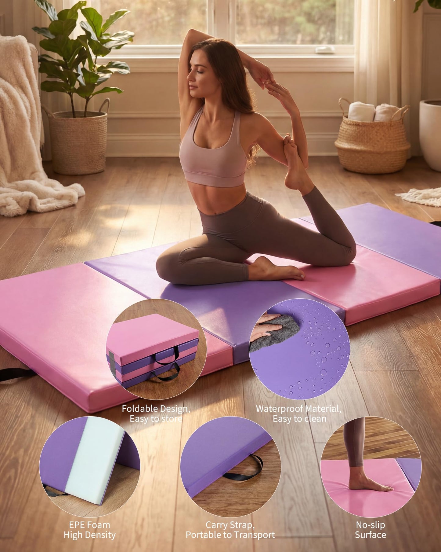 Gymnastics Mat, 6 x 2 Ft Four-Fold 2-Inch thick Tumbling Mat with Vinyl Surface and Carry Handles for Exercise, Yoga, Pilates, Martial Arts & Home Gym