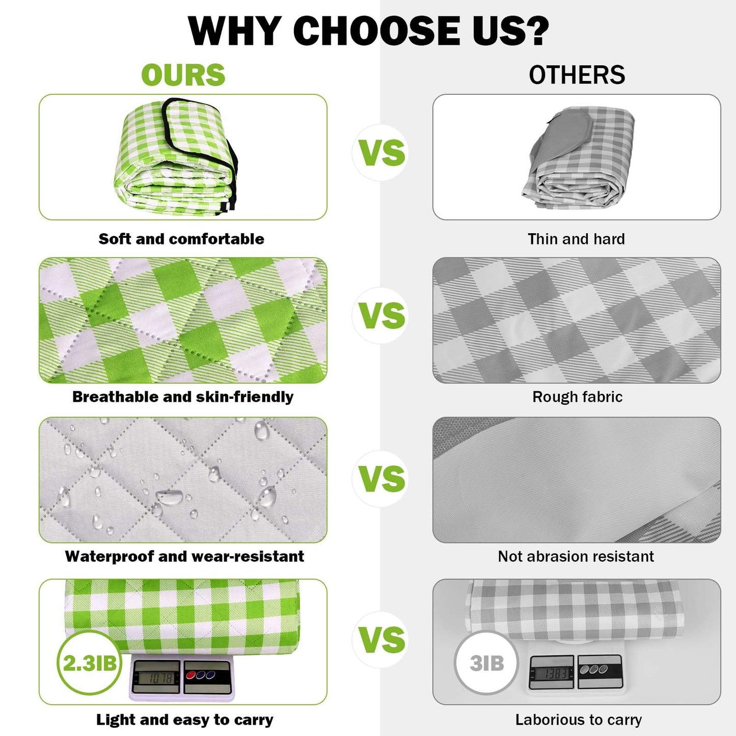 XEHAHOSH 78.7''x78.7'' Extra Large Picnic Beach Blankets, 3 Layers Plaid Waterproof Thickened Foldable Camping Blanket, All-in-one Portable Mat, Suitable for Park, Camping, Outdoor Indoor, Green
