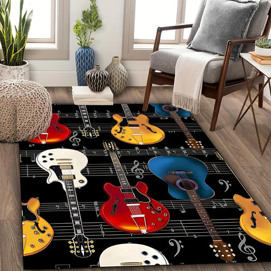 Guitar Print Living Room Rug, 3x4ft, Rock Music Guitar Bass Indoor Rugs, Cozy Thin Fade Resistant Home Decor Rug, Foldable Soft Durable Non Skid Washable Carpets for Kids Teen Bedroom