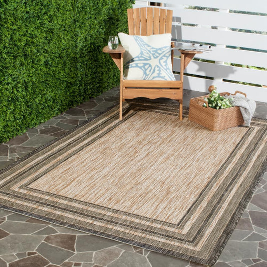 SAFAVIEH Courtyard Collection 4' x 5'7" Natural / Black CY8475 Indoor/ Outdoor Waterproof Easy-Cleaning Patio Backyard Mudroom Accent-Rug