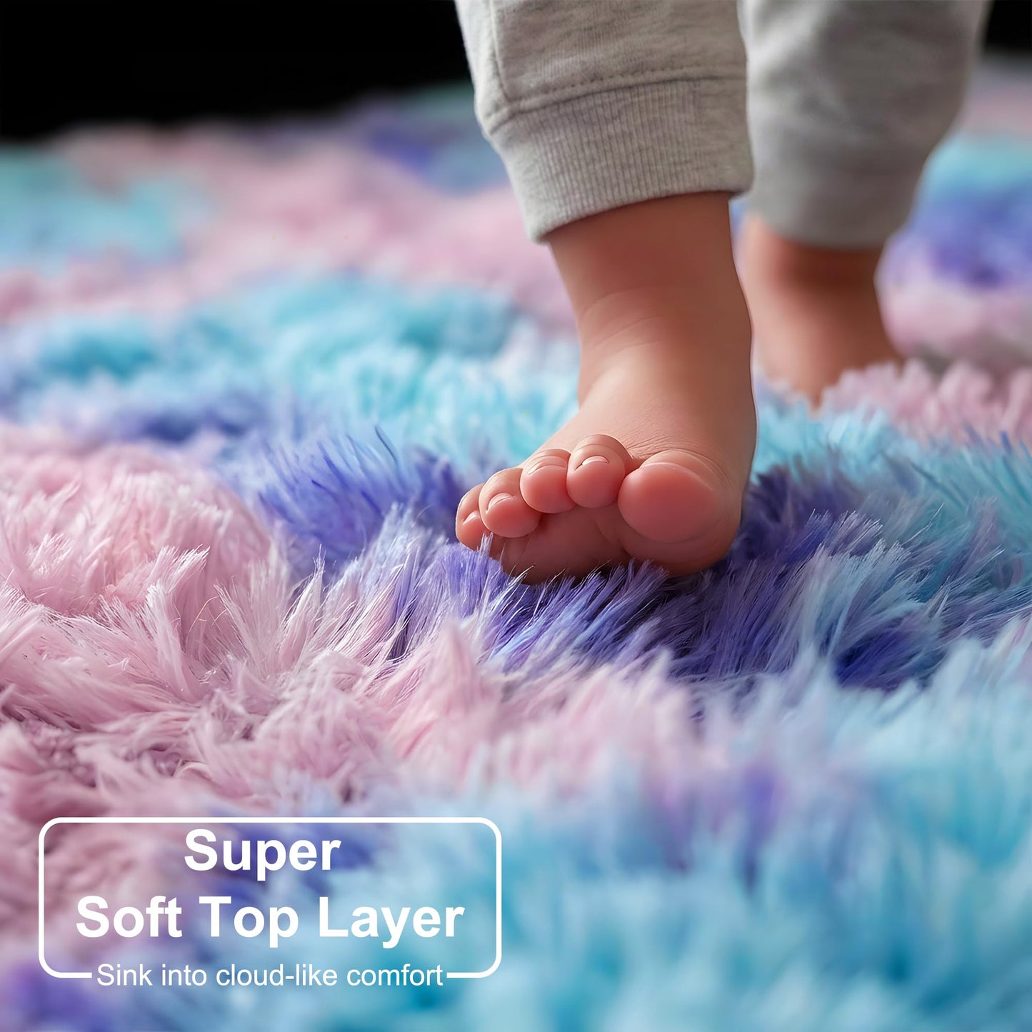 Amdrebio Purple Rainbow Rugs for Bedroom Girls Room Decor, Soft Fluffy Cute Area Rug 4x6 for Kids Room Playroom Nursery Dorm, Mermaid Stitch Frozen Fuzzy Carpet, Plush Kawaii Furry Baby Toddler Rug