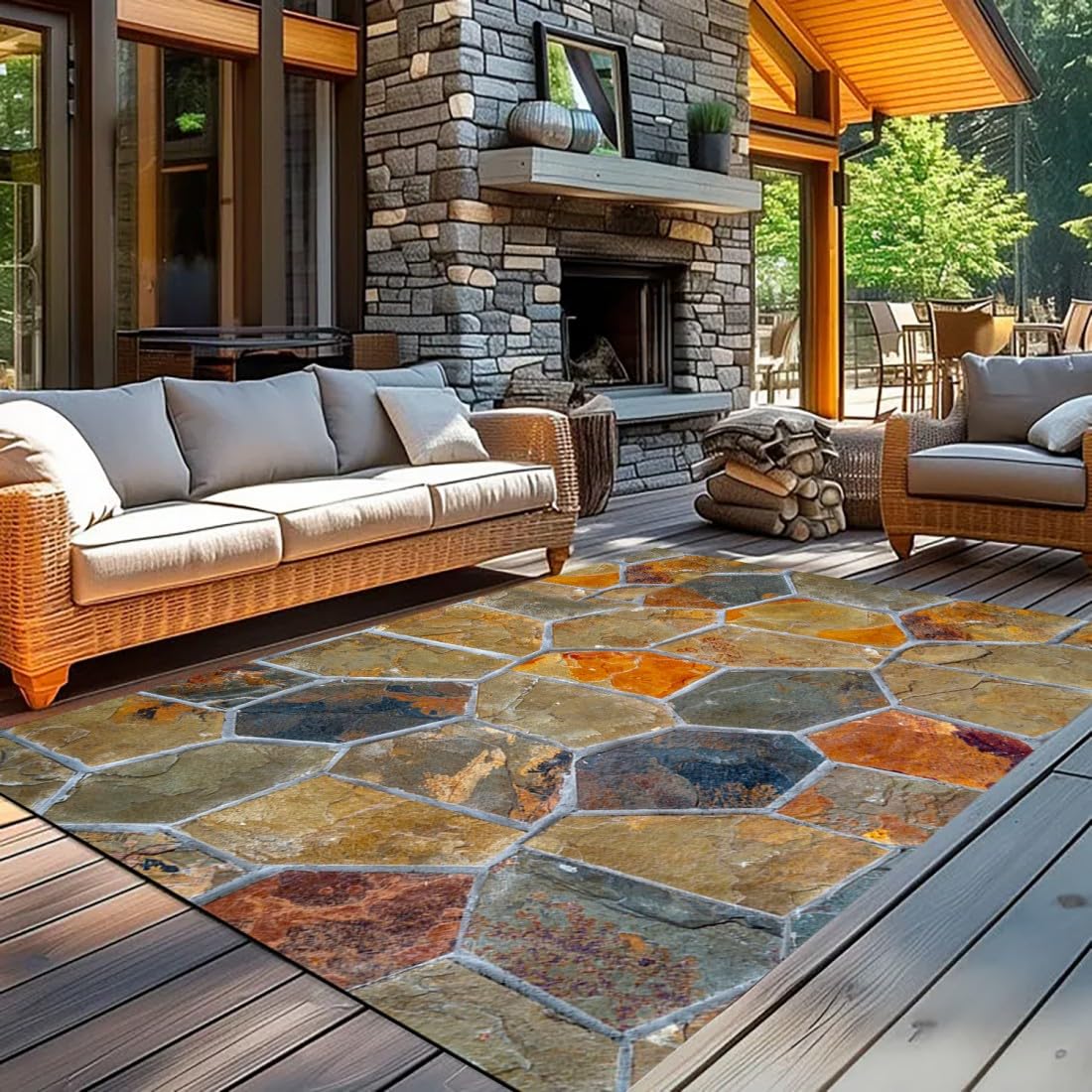Vexyora Natural Rustic Stone Outdoor Area Rug 2x3 Brown Grey Orange Farmhouse Style Non Slip Thin Waterproof Art Deco Low Pile Floor Mats for Patio Deck Pool Garden Balcony Backyard RV Outside Rugs