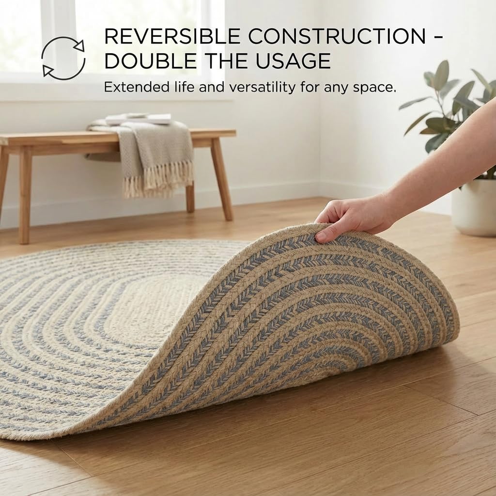 Cotton Braided Rug - 3' X 5' Beige and Charcoal Oval Woven Farmhouse Rug for Kitchen - Braided Minimalist Rugs for Entryway - Rustic Primitive Rugs for Bedside