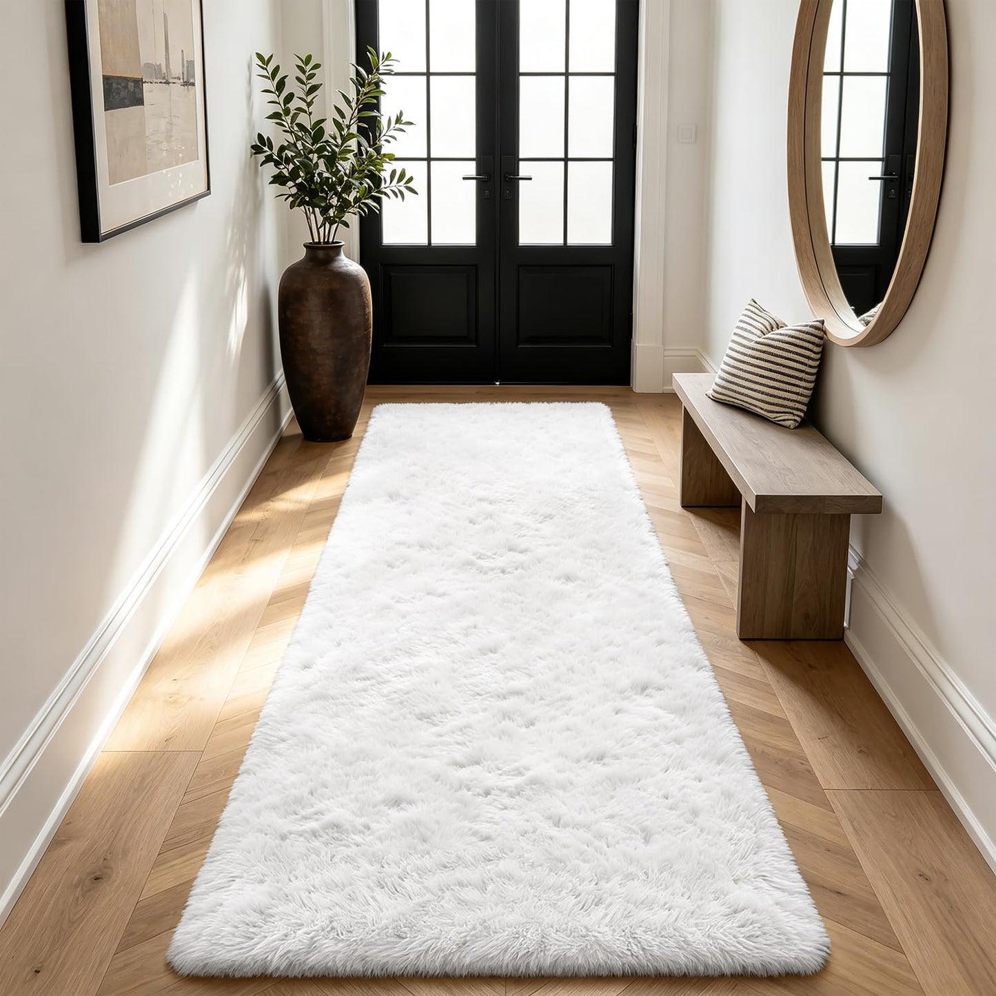 Shag Runner Rug for Bedroom Living Room 2x6 Upgrade Non-Slip Fluffy Soft Bedside Rugs,White Shaggy Carpet for Kids Girls Boys Dorm Nursery Home Decor Aesthetic