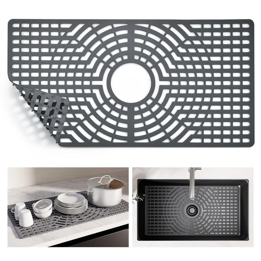 Snuggery Silicone Sink Protector 28"x15" Center Drain Hole, Heat Resistant Non-slip Dishwasher Suitable, Large Mat for Bottom of Farmhouse Kitchen Stainless Steel Sink(Grey)