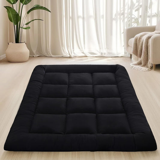 Japanese Floor Mattress Foldable & Portable Roll Up Futon Mattress 3" Black Tatami Mat for Adult and Kids，Shredded Memory Foam Filled with Straps Sleeping Pad Suitable for Camping，60"x 80" Queen Size