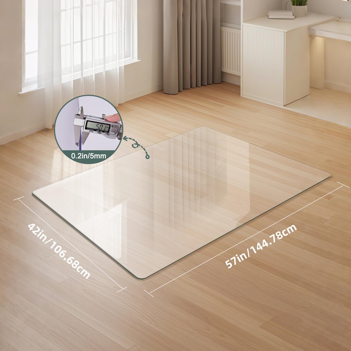 [Tempered Glass] Glass Office Chair Mat for Carpet Heavy 57" x 42"-1/5" Thick Premium Tempered Glass Duty Hard Glass Chair Mats -for Office Chair on Carpet or Hard Floor with 4 Anti-Slip Pads