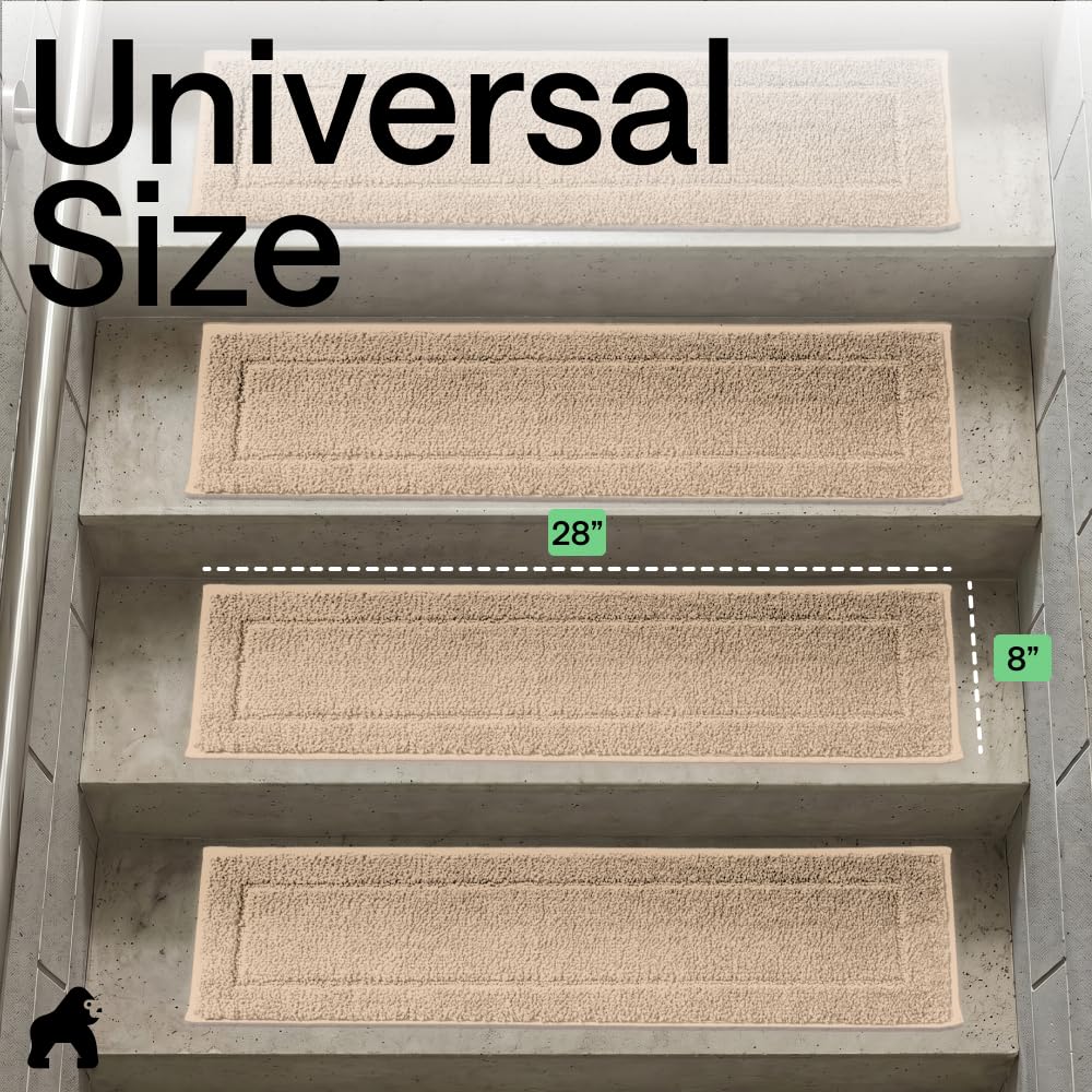 GORILLA GRIP Peel and Stick Stair Treads,15 Pack, for Wooden Steps, Multi-Surface Use, Machine Washable Carpet Runners, Indoor Rugs for Stairs, Pet Friendly, Universal Size,Beige, 8x28 Inches