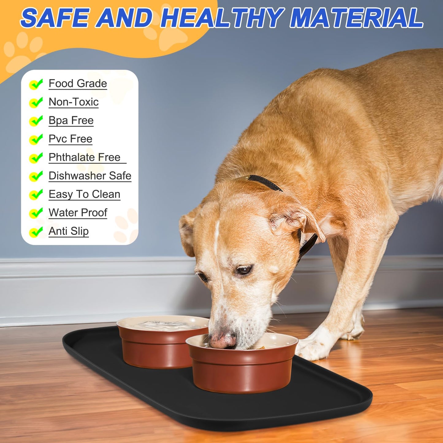 SMILOOL Silicone Pet Food Mat with Raised Edge for Food and Water Bowl, Dog Feeding Mats, Cat Food Trays for Floor Waterproof, Rubber Tray for Dogs and Cats, 24 x 16 x 0.8 Black