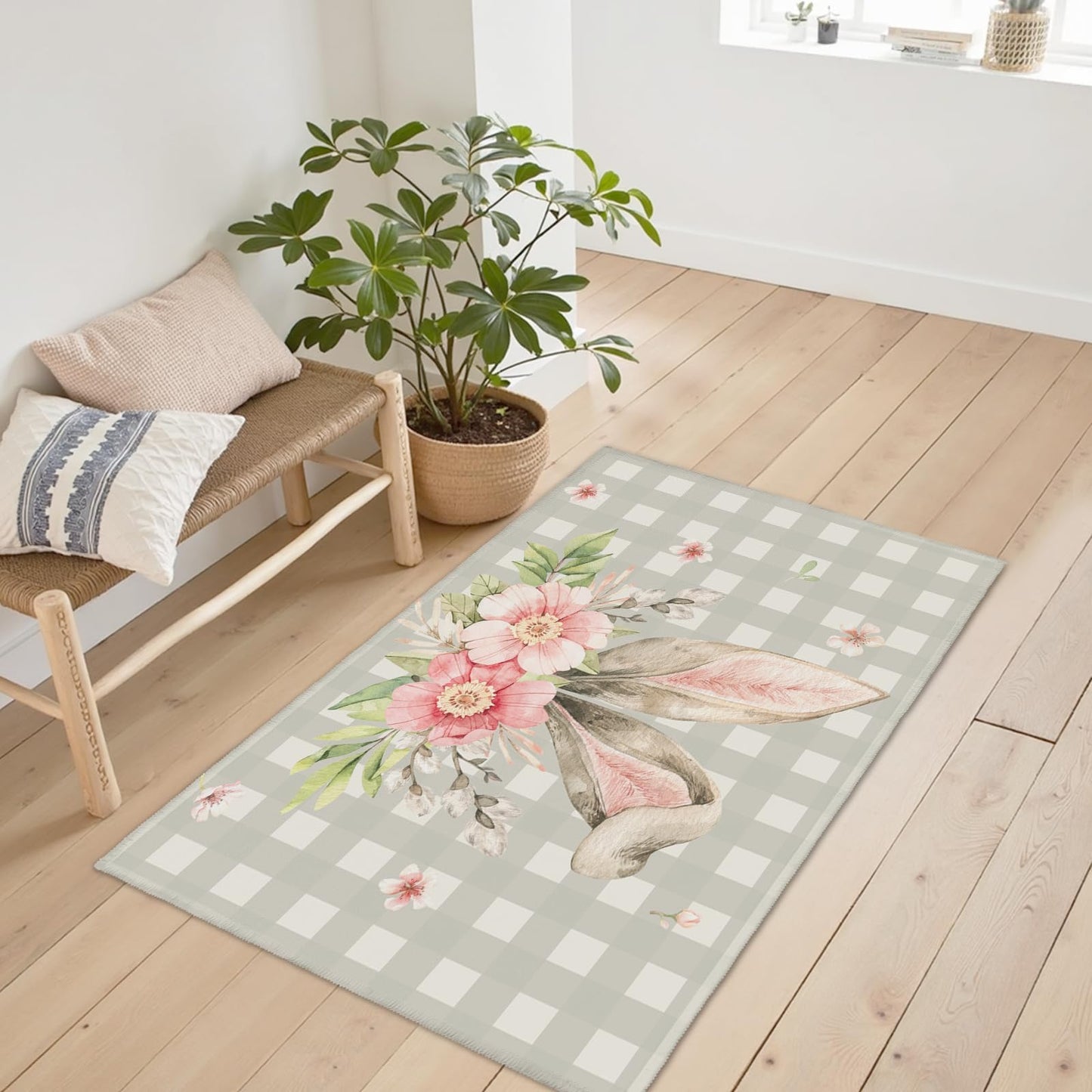 Cryomitron Easter 2x3 Rugs for Entryway Easter Bunny Ear Buffalo Plaids Front Door Mat Indoor Non Slip Low Pile Area Small Rugs Spring Rabbit Floral Throw Rugs for Kitchen Bathroom Bedroom Living Room