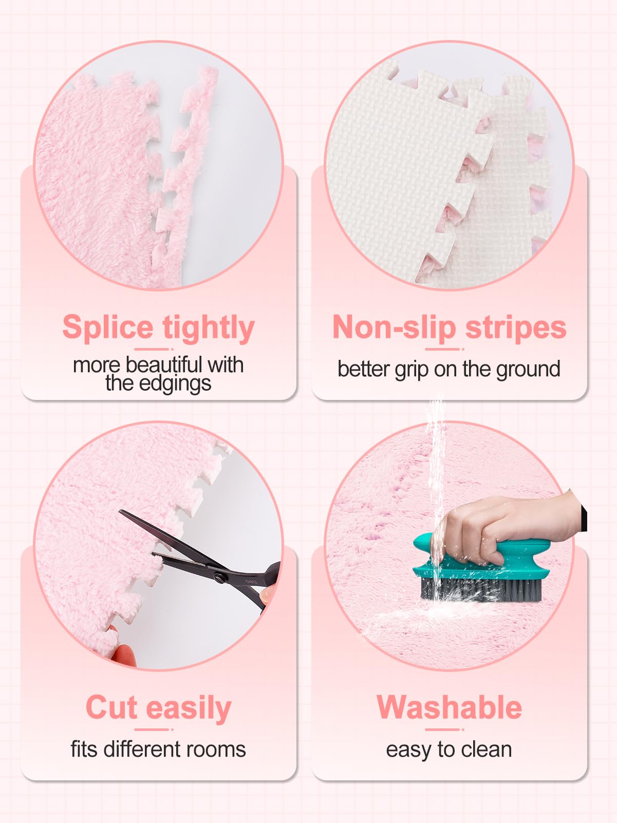 ANPHSIN 12 pcs Thickened Foam Interlocking Floor Mats, Fluffy Plush Mats for Baby with Edgings, Soft Anti-Slip Puzzle Area Rug Playmat, Square Tiles Room Flat (11.8 in, Pink)