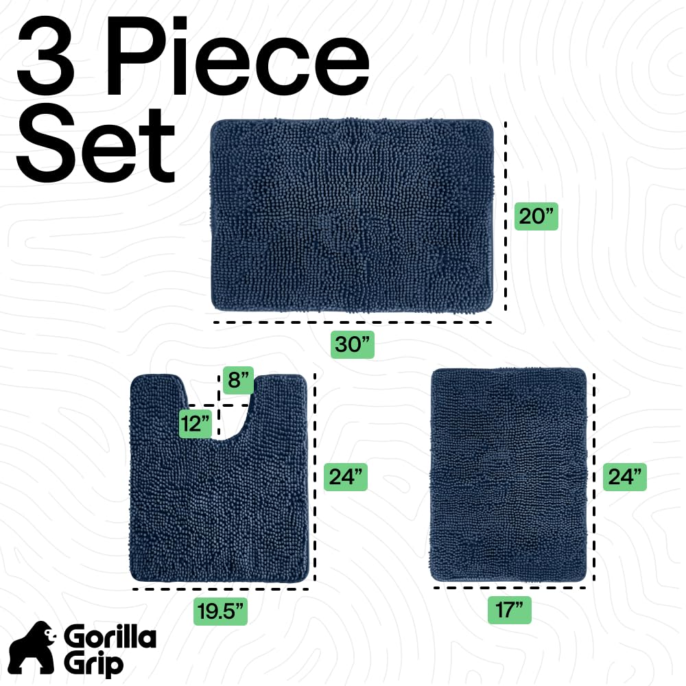 GORILLA GRIP Bathroom Rug Sets 3 Piece, Bath Mat Set and Oval Toilet Base with Rubber Backing, Plush Absorbent Shaggy Chenille Washable Mats, Includes 24x19.5, 24x17 and 30x20 Inch Rugs, Navy