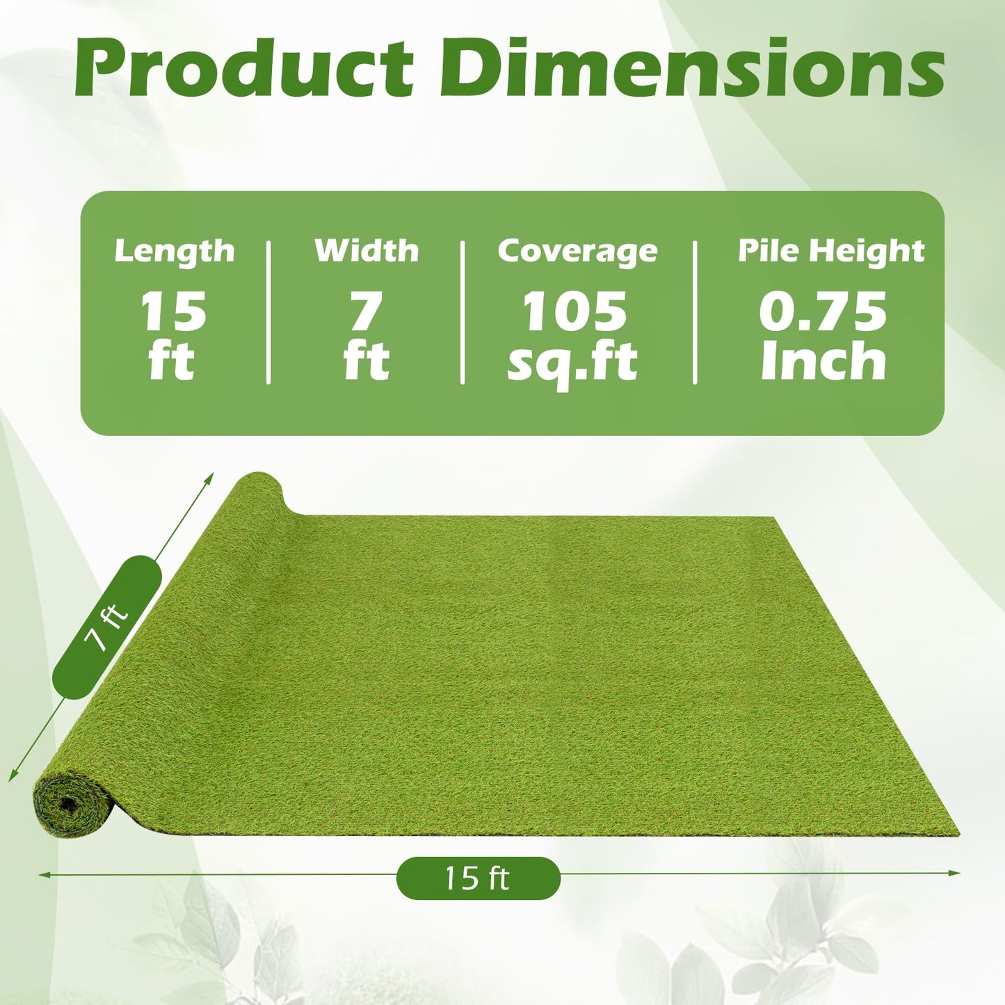Tangkula 15 FT x 7 FT Artificial Grass Turf, Realistic Indoor Outdoor Garden Lawn Landscape Grass Turf with 0.75" Pile Height & Drainage Holes, Fake Faux Grass Dog Potty Pad for Patio, Lawn, Courtyard