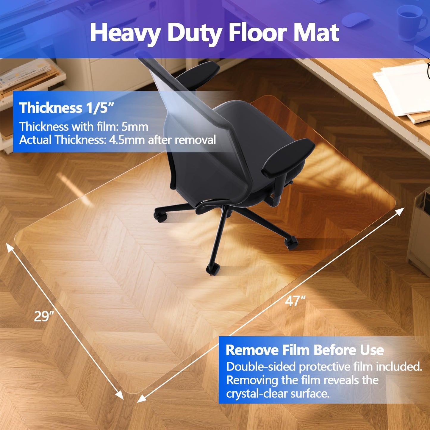 MAXTBEE Office Chair Mat for Hardwood Floor, 29”x47”x1/5” Thick Crystal Clear Chair Mat Heavy Duty Desk Floor Protector for Carpet and Hard Floor