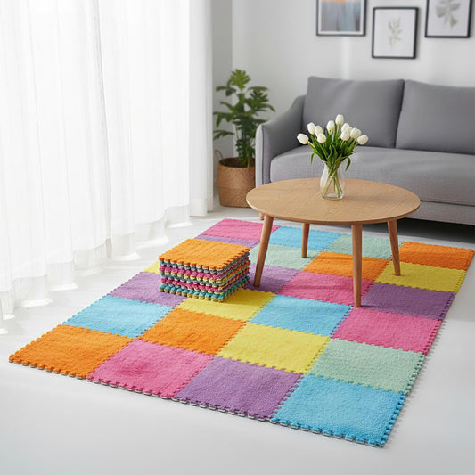 Tinideya 36 Pcs Plush Interlocking Carpet Tiles, 12 x 12 x 0.4 Inch EVA Foam Puzzle Mat Squares, Soft Washable Anti Slip Floor Mat for Bedroom, Nursery, Playroom, Living Room, Macaron Colors