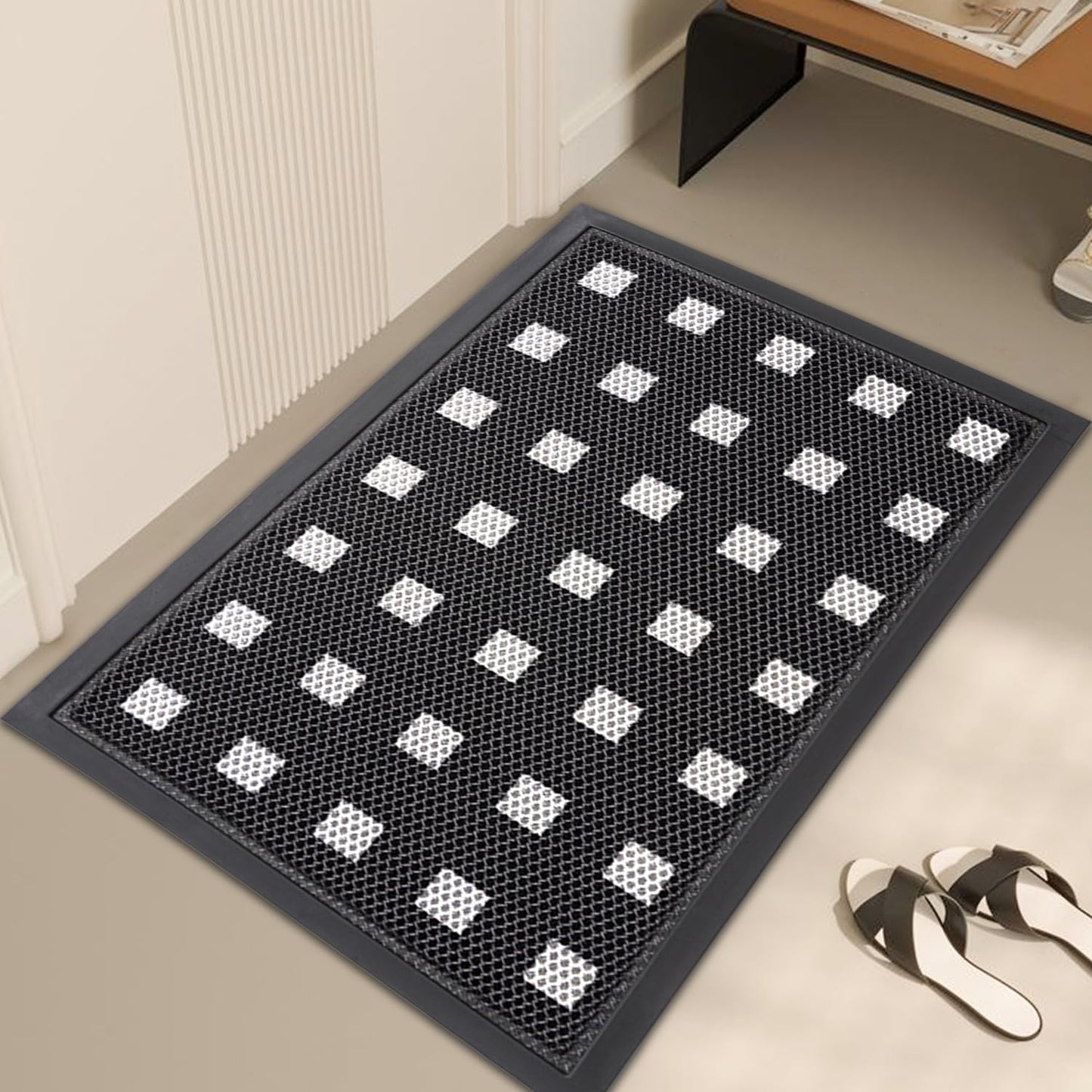 Tiamo Front Door Mat Outside Entrance,Large Rubber Welcome Mat,Non-Slip & Heavy Duty Doormat Entryway,Black and White,35.4"*23.6"