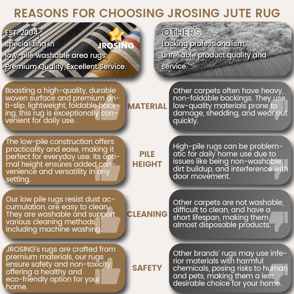 JROSING Washable Striped Easy Jute Rug 5x7, Modern Geometric Abstract Outdoor Indoor Patio Farmhouse Large Rugs, Woven Non Slip Thin Carpet Mat for Living Dining Room Bedroom Classroom Kids Nursery