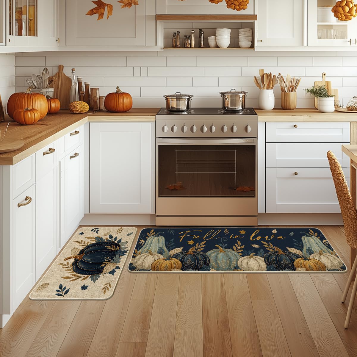 Artoid Mode Blue Pumpkin Leaves Fall Kitchen Mats Set of 2-17x29+17x47