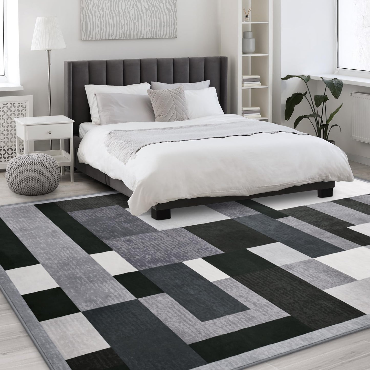 TWINNIS Indoor Modern Area Rug, 5x8 Geometric Patchwork Style Washable Large Rugs for Living Room Bedroom Hardwood Floors, Non Shedding Non Anti Backing Soft Carpet Home Floor Decor, Black