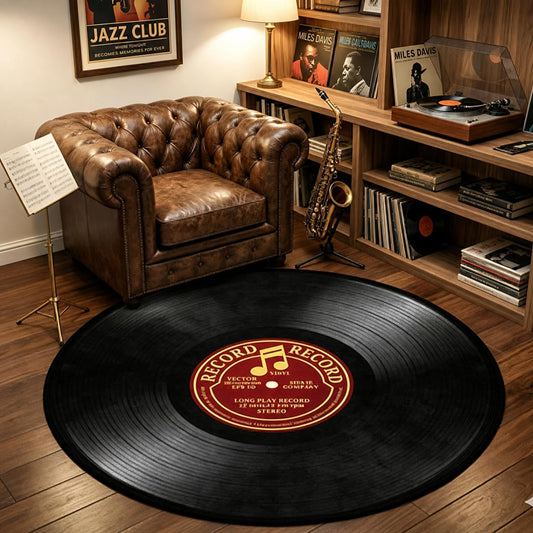 keepcute Retro Vinyl Record Area Rug, 3ft Round Non-Slip Floor Mat for Music Lovers, Vintage Music Decor Carpet for Bedroom, Living Room, Study Room