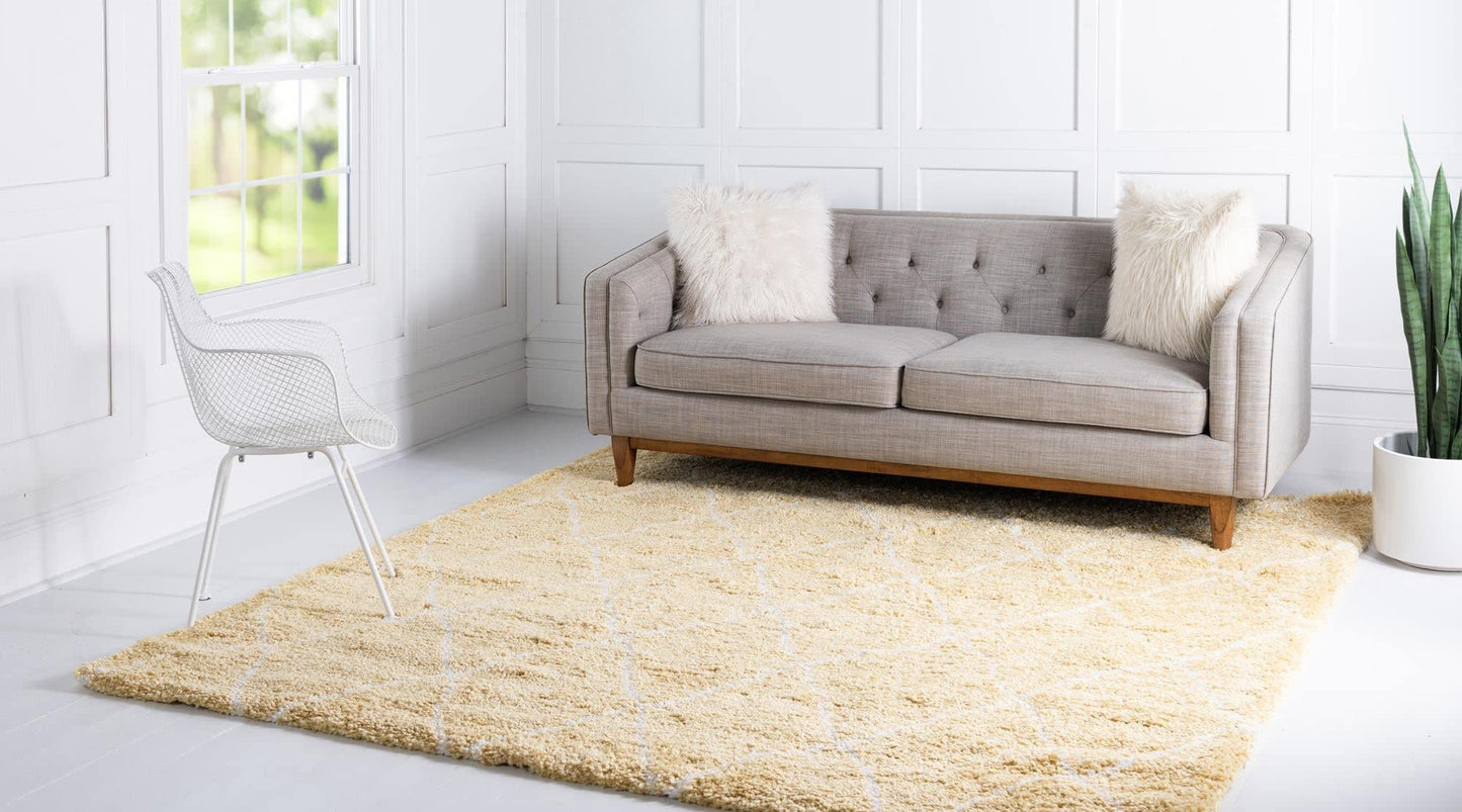 Rugs.com Moroccan Shag Collection Rug – 8' Square Yellow Shag Rug Perfect for Living Rooms, Kitchens, Entryways