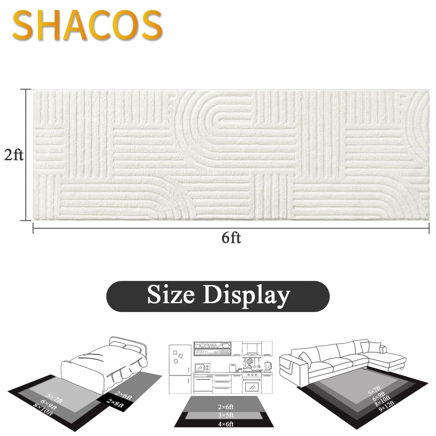 SHACOS Soft Cozy Fluffy Arch Pattern High Low Pile Runner Rugs 2'x6' Non Slip Washable Scandinavian Minimalist Rug Modern Geometric Arc Carpet for Living Room Bedroom Bathroom, Cream White