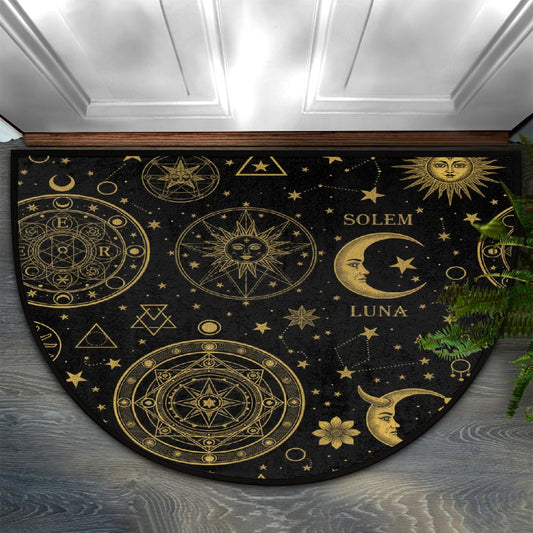 Half Circle Door Mat - Gothic Celestial Sun Moon Absorbent Non-Slip Half Round Entryway Area Rug - Soft Cute Semicircular Washable Carpet for Bathroom Bedroom Kitchen, 36"x24"