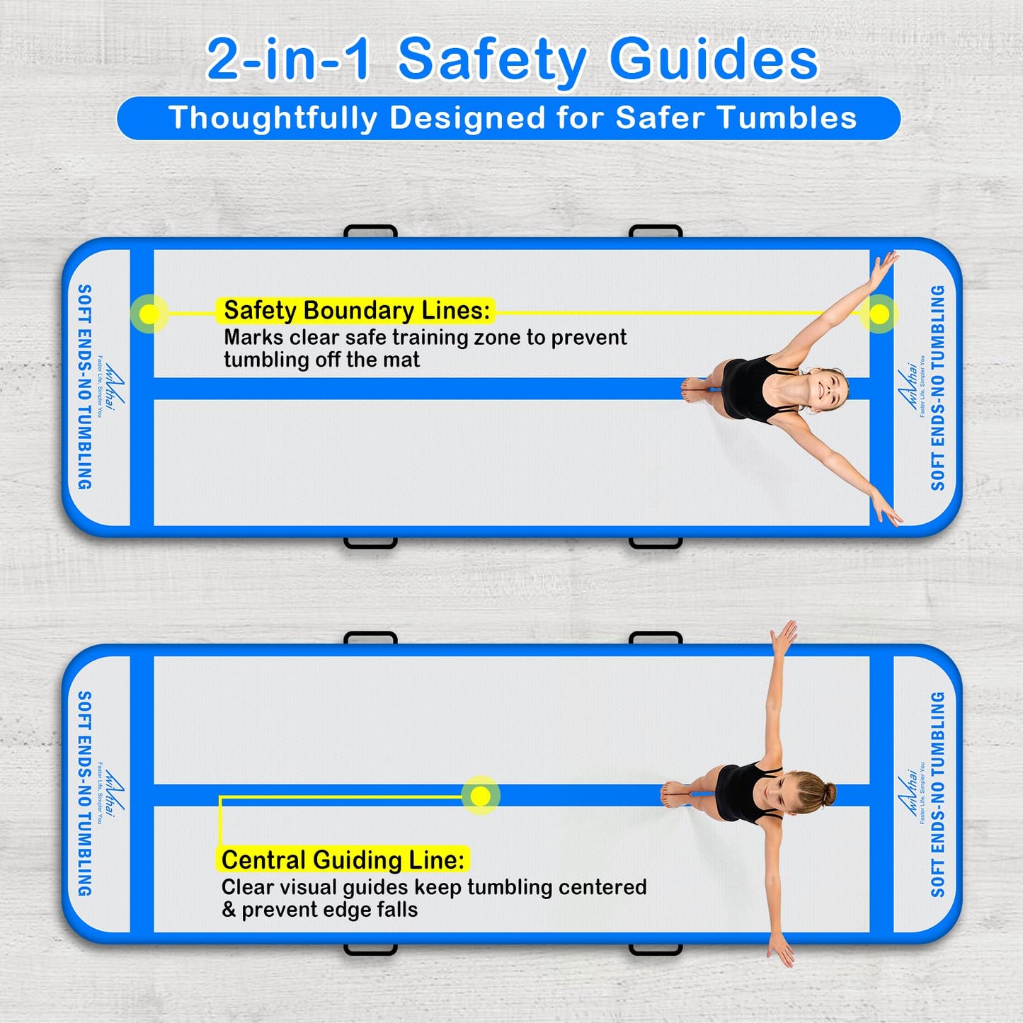 10FT Inflatable Gymnastics Tumbling Mat with 2-in-1 Safety Guide Lines