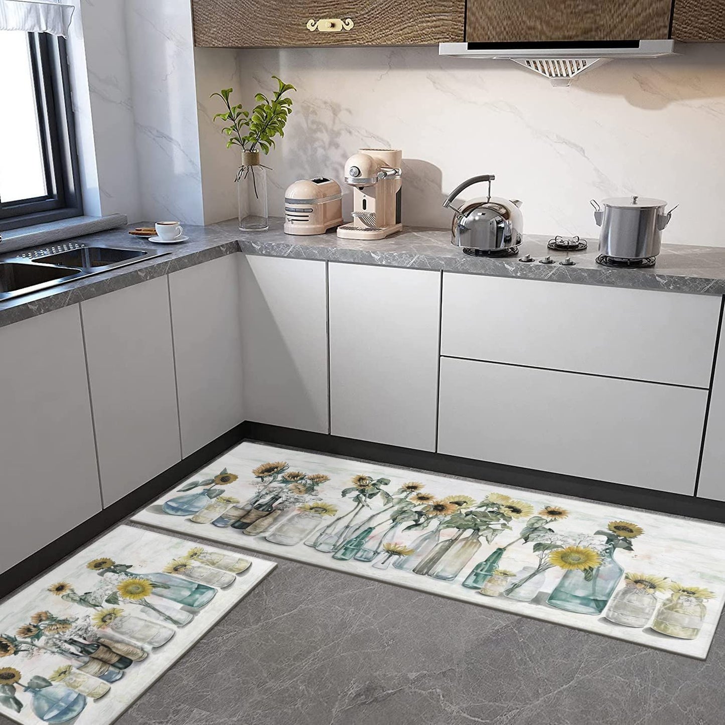 Xsinufn Sunflower Farmhouse Kitchen Rugs Set of 2,Colorful Spring Summer Flowers Kitchen Rugs and Mats Non Skid Washable,Farmhouse Kitchen Runner Rugs with Rubber Backing (17"x48"+17"x30")