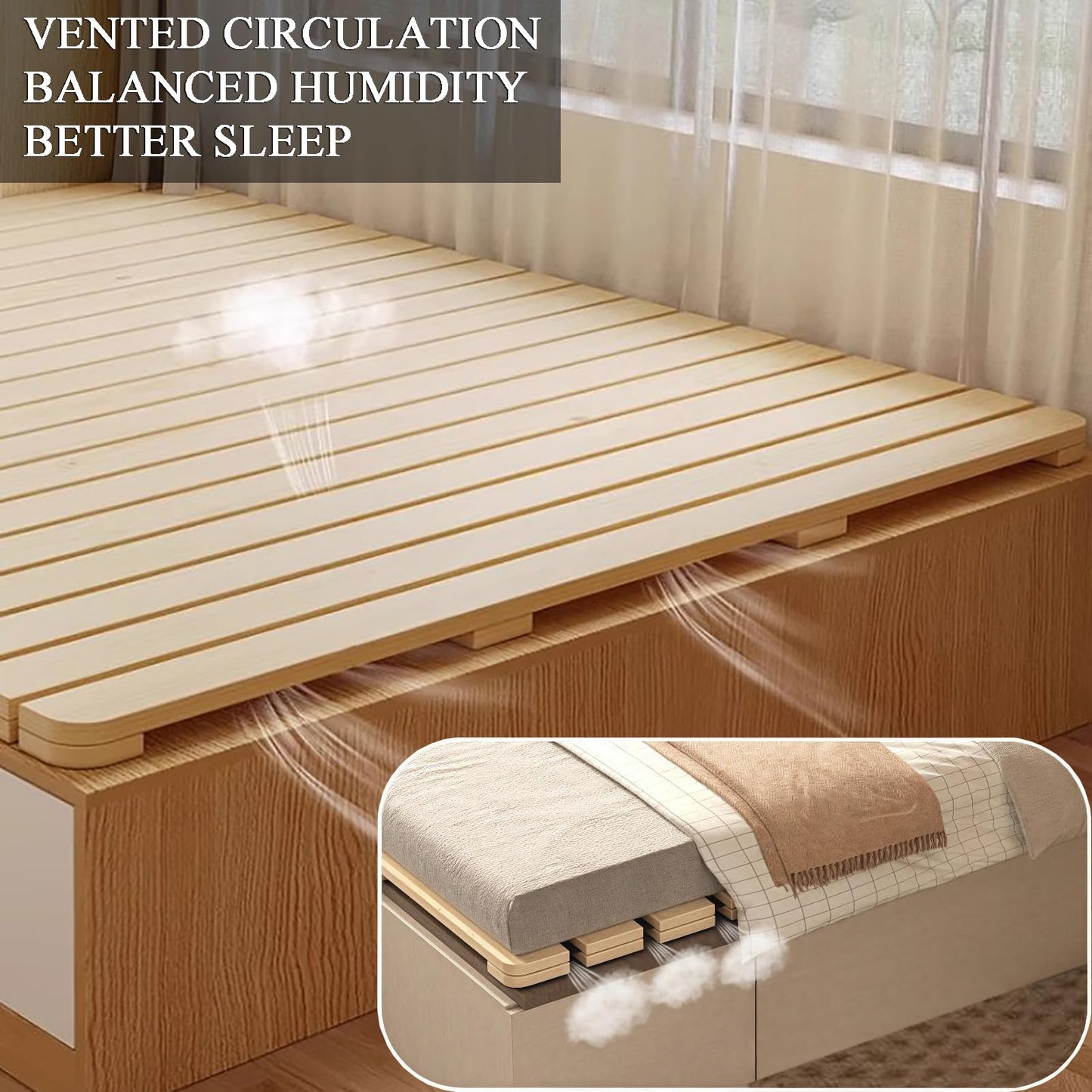 RAUMPA Japanese Floor Low Profile Platform Bed Frame Full Size, Knot-Free Wood Slatted Tatami Mattress Pallet Mat, Minimalist Zen Style to Ground No Legs Foldable Roll Portable