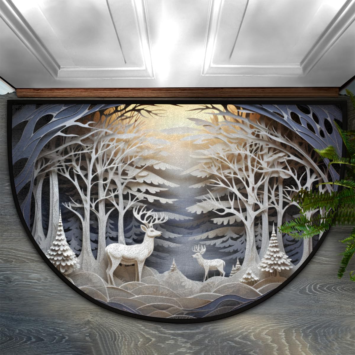 cfpolar Christmas Winter Scene Reindeer Half Round Door Mat Indoor Entrance Half Circle Area Rug Semi Circular Door Mat Half Moon Rug for Floor Bathroom Living Room Bedroom Kitchen Fireplace 24"x36"